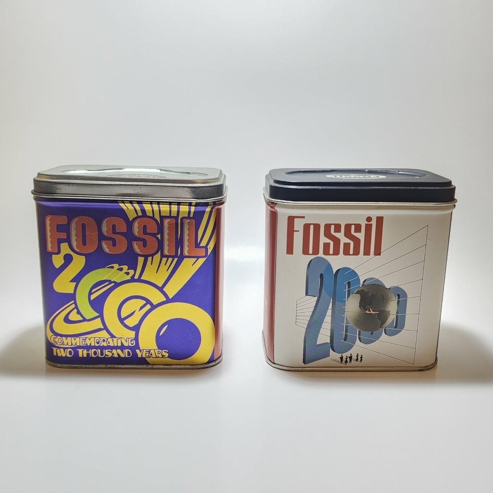 2 Fossil Empty Metal Watch Tins Storage Deco Y2K 2000s Collectable Box Logo 1999